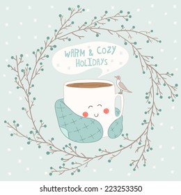 Holiday card with cute cup of tea in blanket and with seagull. Christmas wreath vector illustration. 