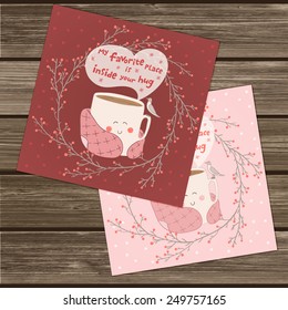 Holiday card with cute cup of tea in blanket and with seagull. Valentine's day edition. Pink and marsala colors. Vector illustration. My favorite place inside your hug
