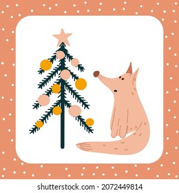 Holiday card with cute fox character and decorated Christmas tree. Delicate picture is drawn by hand. Vector illustration template for printing.