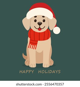 Holiday card with a cute Labrador pet in a New Years hat and scarf