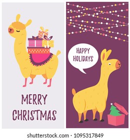 Holiday card with cute lama and presents