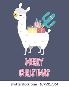 Holiday card with cute lama and presents