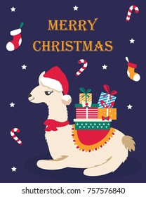 Holiday card with cute lama and presents
