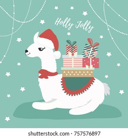Holiday card with cute lama and presents