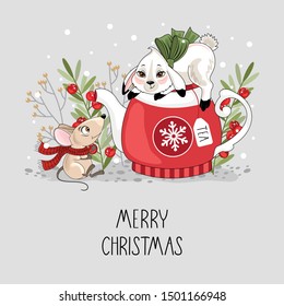 Holiday card with a cute mouse, Bunny and festive elements. Hand lettering. Vector illustration.