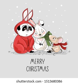 Holiday card with a cute Mouse, Bunny, Panda and festive elements. Hand lettering. Vector illustration.