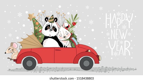 Holiday card with a cute Mouse, Bunny, Panda and festive elements. Hand lettering Happy New Year. Vector illustration.