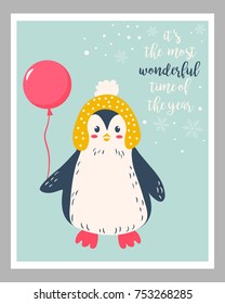 Holiday card with cute penguin and balloon