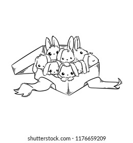 Holiday card with Cute Rabbits in a present box. Cartoon vector illustration for greetings card, design, print, coloring.