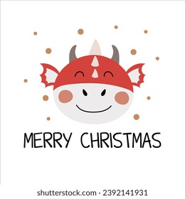 Holiday card with cute red dragon and lettering. Symbol of the year. Cartoon dragon in flat style.