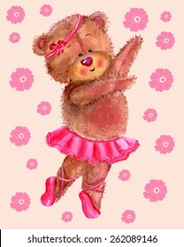 Holiday card with dancing bear in pink tutu and flowers, hand drawn illustration