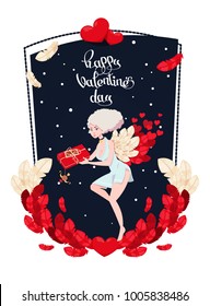 holiday card to the day of Saint Valentine with Cupid girl
  which holds the gift in the box. Vector illustration