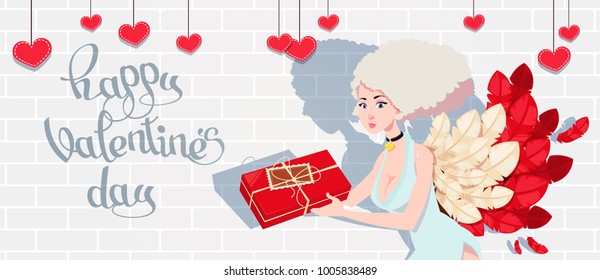 holiday card to the day of Saint Valentine with Cupid girl
  which holds the gift in the box. Vector illustration