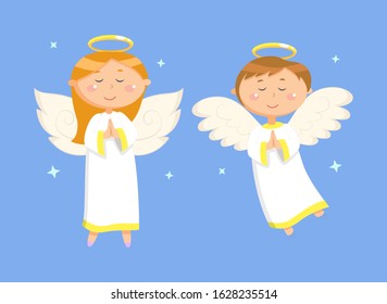 Holiday card decorated by glossy praying girl and boy on blue, portrait view of flying couple of angels with wings and nimbus, characters with stars vector