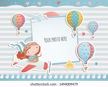 Holiday card design with a baby girl pilot and balloons. Baby shower. Paper, scrapbook.