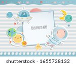 Holiday card design. Baby shower. A little astronaut floating around in open space, among stars, planets, funny monsters and comets.