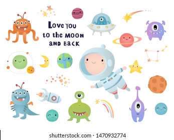 Holiday card design. Baby shower. A little astronaut floating around in open space, among stars, planets, funny monsters and comets.