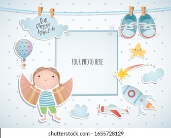 Holiday card design. Baby shower. Little dreamer among stars and comets