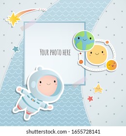 Holiday Card Design. Baby Shower. A Little Astronaut Floating Around In Open Space, Among Stars, Planets, Funny Monsters And Comets.