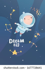 Holiday card design. Baby shower. A little astronaut floating around in open space among stars, planets.