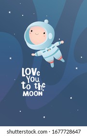 Holiday card design. Baby shower. A little astronaut floating around in open space, among stars and planets.