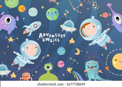 Holiday card design. Baby shower. Little boy and girl astronauts  floating around in open space among stars, planets with funny monsters and comets.