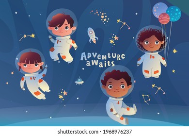 Holiday card design. Baby shower. Little astronauts floating around in open space, among stars, planets,  and comets.