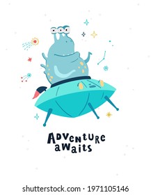 Holiday card design. Baby shower. A monster alien floating around in open space, among stars, planets,  and comets.