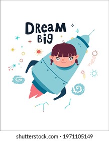 Holiday card design. Baby shower. A little girl - astronaut floating around in open space, among stars, planets,  and comets.