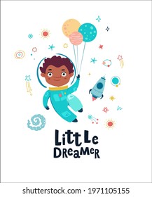 Holiday card design. Baby shower. A little astronaut floating around in open space, among stars, planets,  and comets.