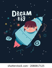 Holiday card design. Baby shower. A little girl - astronaut floating around in open space, among stars, planets,  and comets.