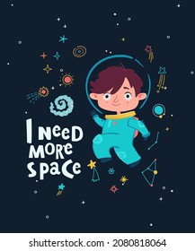 Holiday card design. Baby shower. A little astronaut floating around in open space, among stars, planets,  and comets.