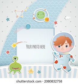 Holiday card design. Baby shower. A little astronaut floating around in open space, among stars, planets,  and comets.