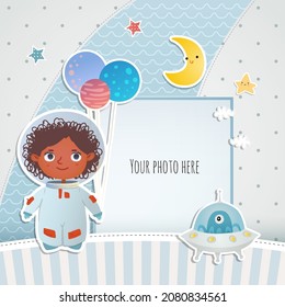 Holiday card design. Baby shower. A little astronaut floating around in open space, among stars, planets,  and comets.
