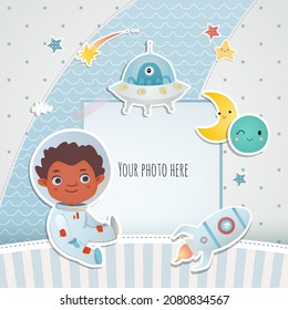 Holiday card design. Baby shower. A little astronaut floating around in open space, among stars, planets,  and comets.