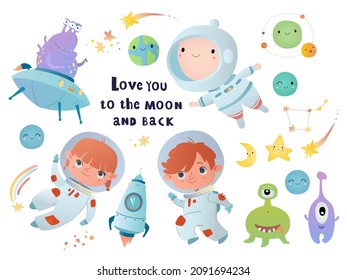 Holiday card design. Baby shower. A little astronaut floating around in open space, among stars, planets, funny monsters and comets.
