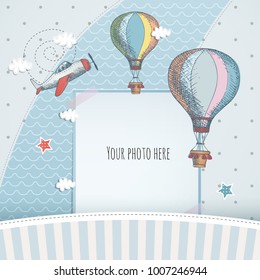 Holiday Card Design With Ballloon And Plane. Baby Shower. Paper, Scrapbook.