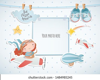 Holiday Card Design With Balloon And Baby Girl Pilot. Baby Shower. Paper, Scrapbook.