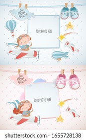 Holiday card design with balloon and plane. Baby shower for boy and for girl. Paper, scrapbook. 