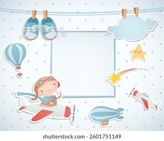Holiday card design with balloon and plane. Baby shower. Paper, scrapbook.