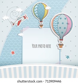 Holiday card design with balloon and plane. Baby shower. Paper, scrapbook.