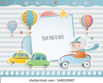 Holiday card design with  A boy driving a car.  Baby shower. Paper, scrapbook.