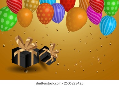 Holiday card design. Holiday concept with flying colored 3D balls.Gift boxes with golden bow.On golden background.