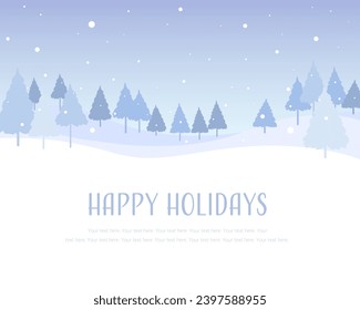 A holiday card design featuring pale blue snowfall in the forest.
