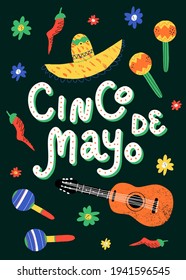 Holiday card design. Fifth of May hand lettering on Spanish, traditional Mexican sombrero hat, 6 string guitar, flowers on red background. Vector cartoon style illustration.
