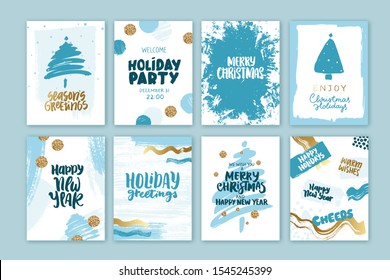 Holiday card design. Happy New Year invitation template. Christmas congratulations, lettering phrases. 