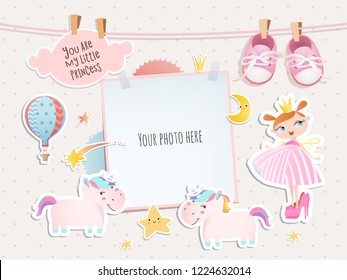 Holiday card design with a little princess, unicorns, booties.