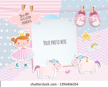 Holiday card design with a little princess, unicorns, booties.