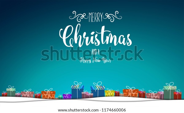 Holiday\
card design, New year presents in blue\
background