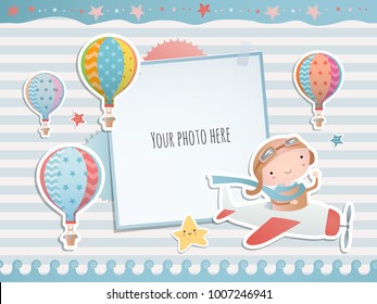 Holiday card design with a pilot and colorful balloons. Baby shower. Paper, scrapbook.